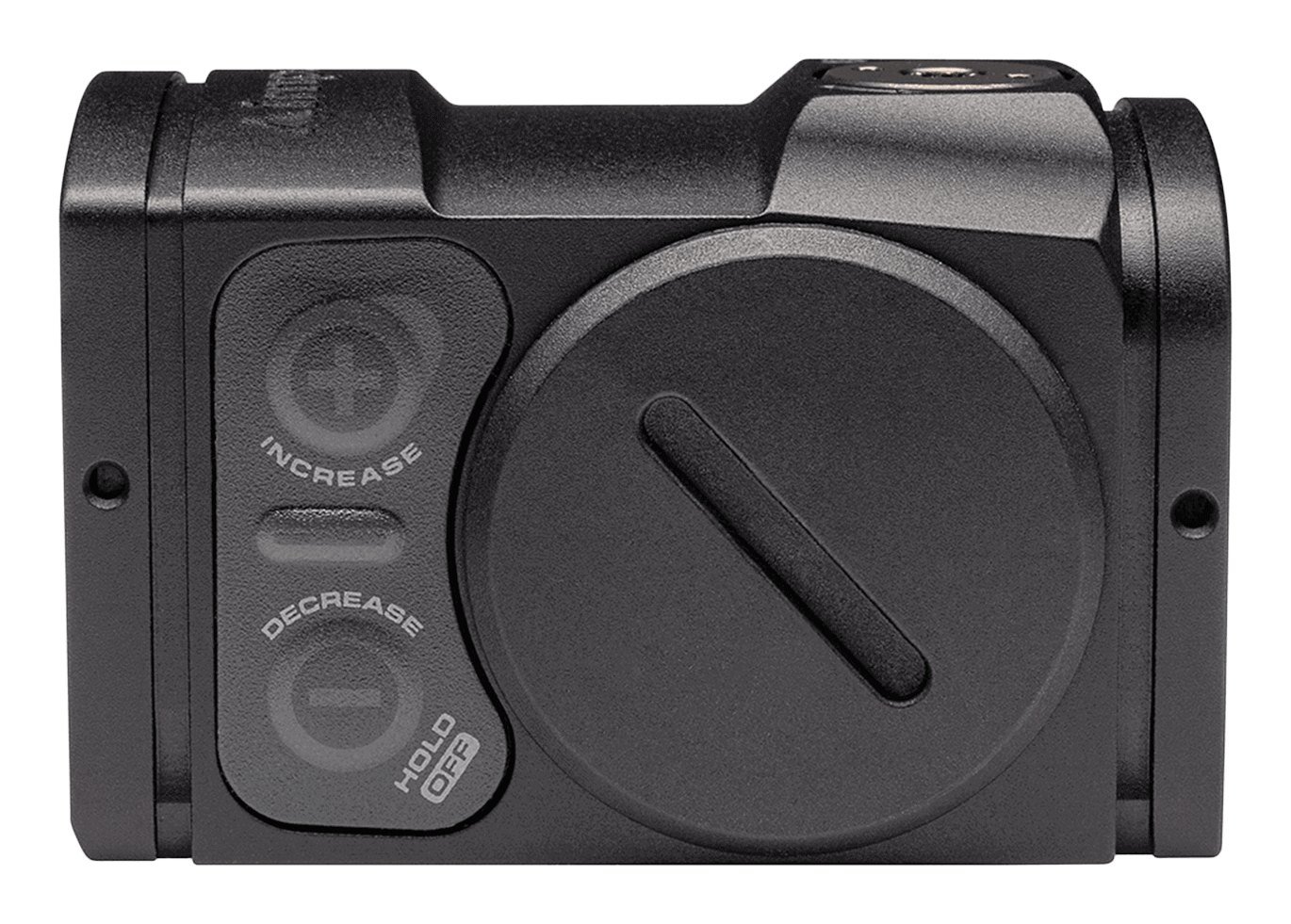 Aimpoint Acro P-2 vu de l'arrière, trappe de pile CR2032 et vis de montage