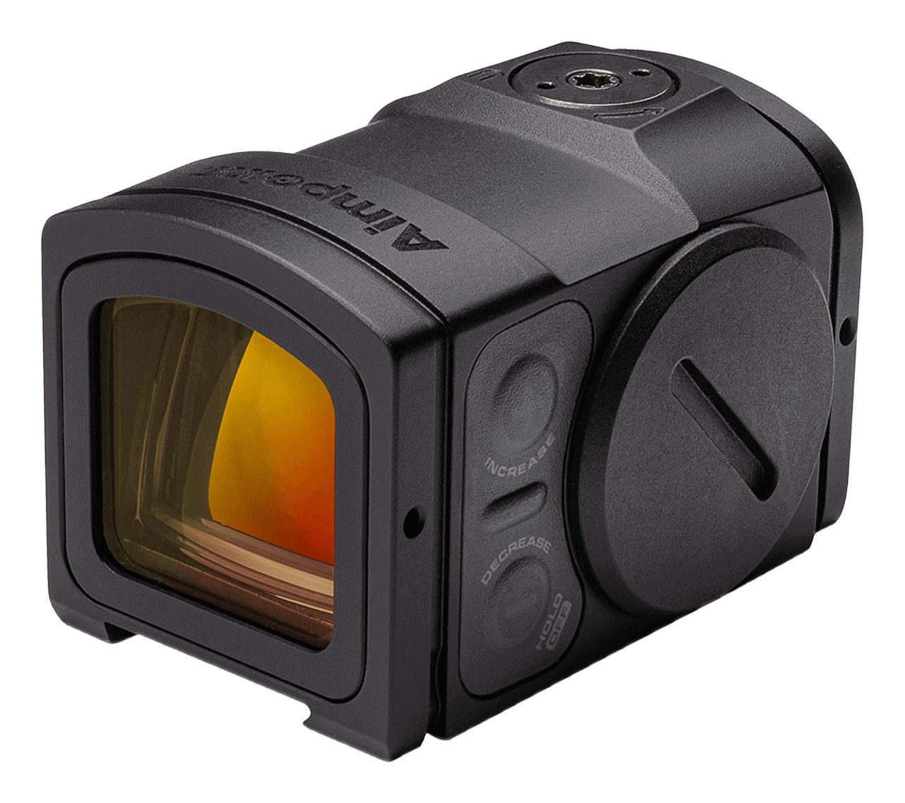Aimpoint Acro P-2 vu de trois quarts, boutons de réglage d'intensité sur le flanc