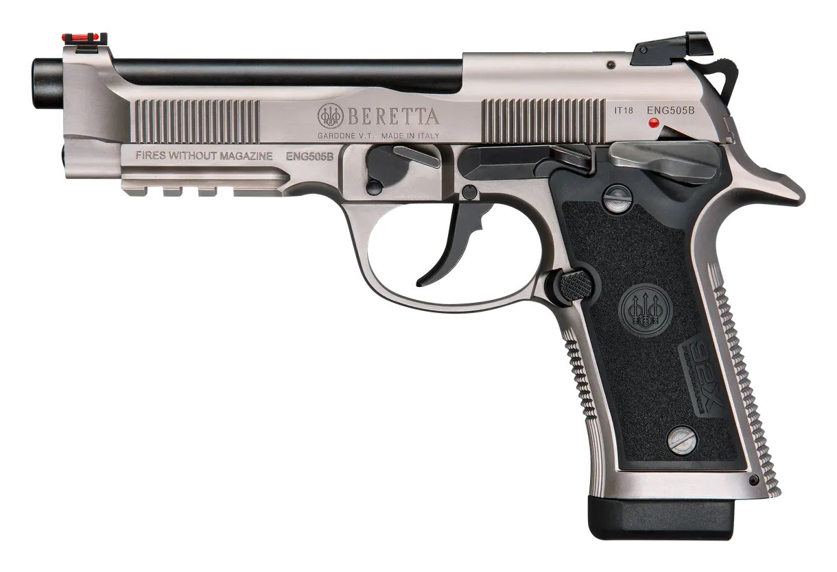 Beretta 92X Performance de profil gauche : carcasse acier, glissière Brigadier et détente Extreme-S