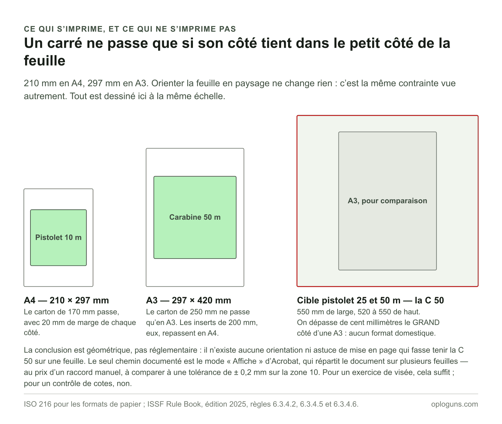 À la même échelle, le carton de cible pistolet 10 m de 170 mm tient dans une feuille A4 de 210 × 297 mm, celui de carabine 50 m de 250 mm impose une A3, et la cible pistolet 25 et 50 m de 550 × 520 mm dépasse une A3 de cent millimètres sur son grand côté.