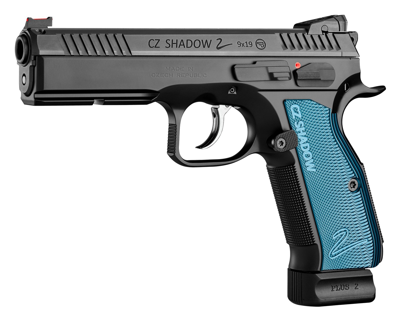 CZ Shadow 2 de profil gauche : carcasse acier, plaquettes bleues et guidon fibre optique