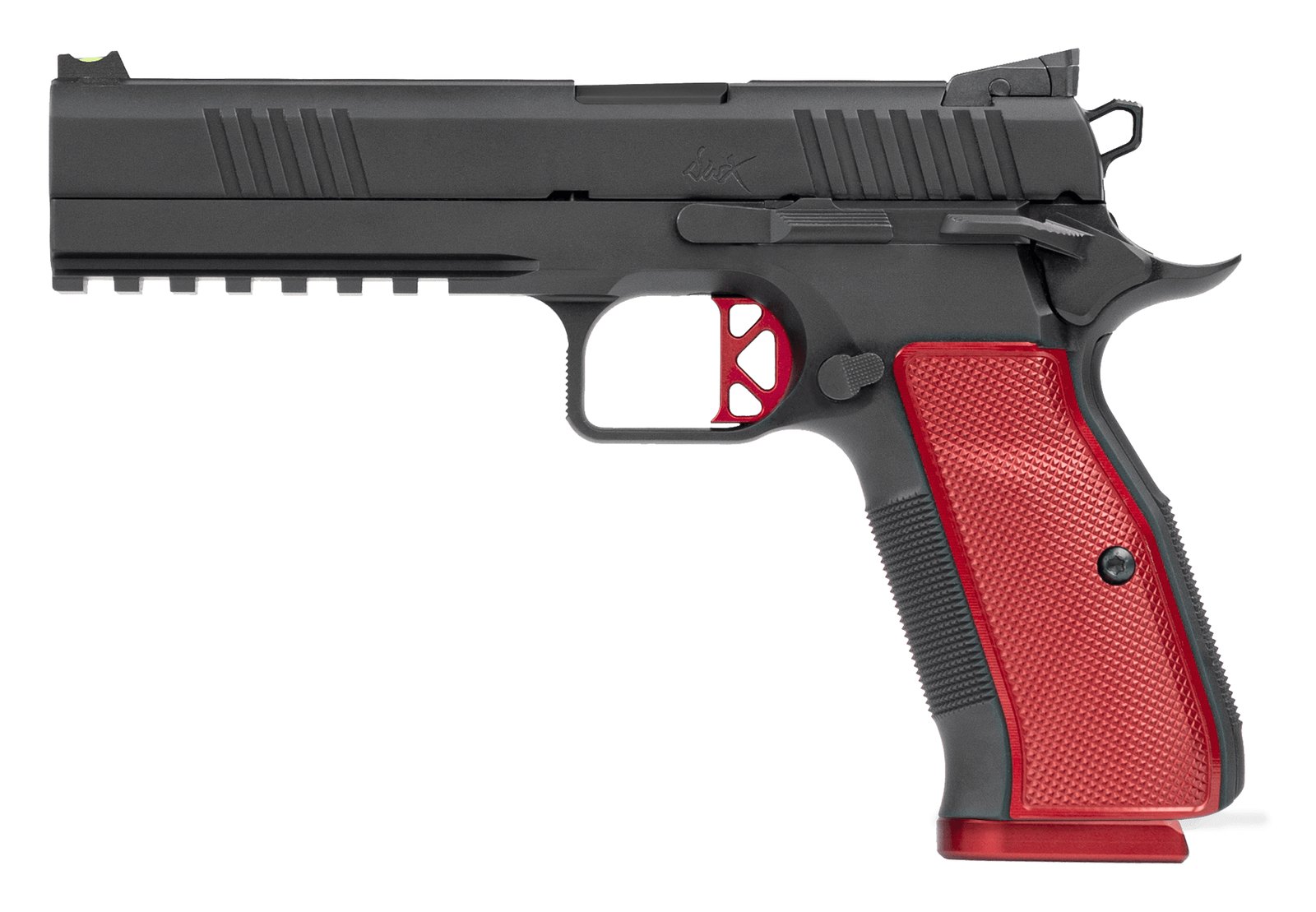 Dan Wesson DWX de profil gauche : carcasse acier de 2011 et fermeture de type CZ, plaquettes rouges