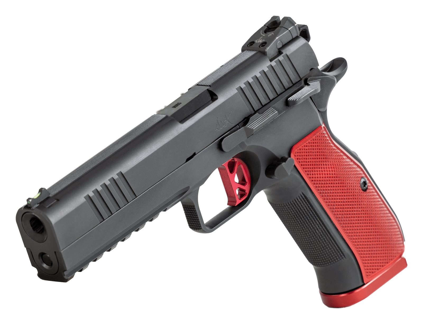 Dan Wesson DWX vu de trois quarts, rail d'accessoire et puits de chargeur évasé
