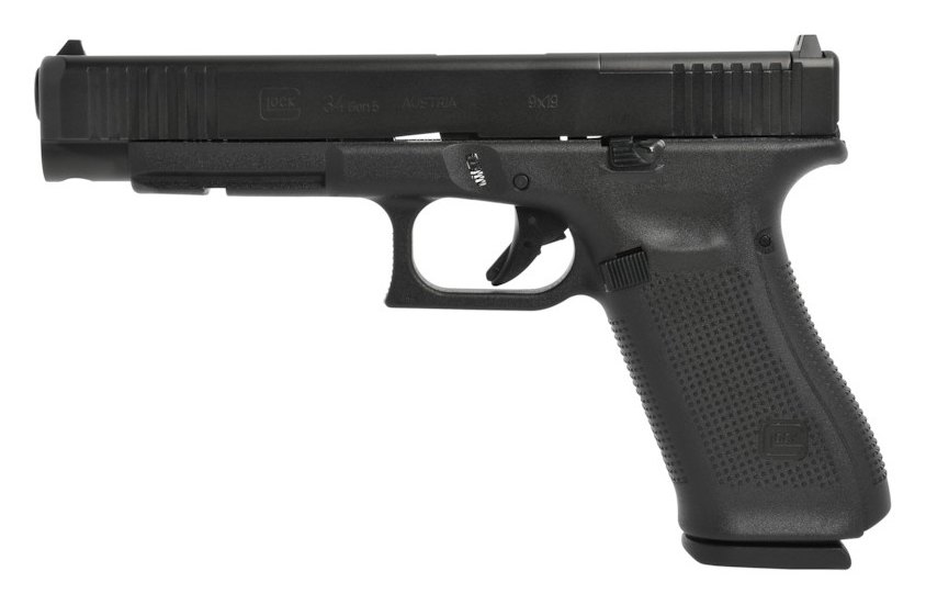 Glock 34 Gen5 MOS de profil gauche : glissière allongée de 135 mm et embase pour optique