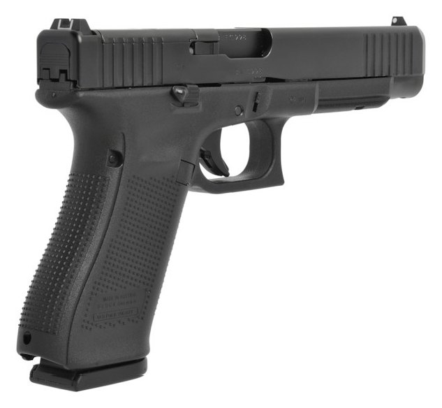 Glock 34 Gen5 MOS vu de trois quarts arrière, plaque d'obturation MOS en place sur la glissière
