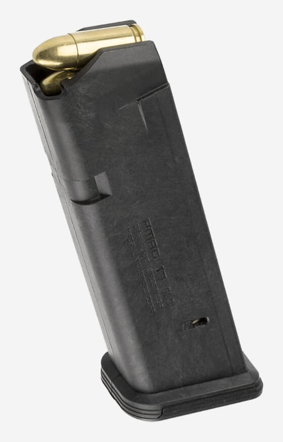 Chargeur Magpul PMAG 17 GL9 de profil, corps polymère et cartouches 9 mm visibles en haut