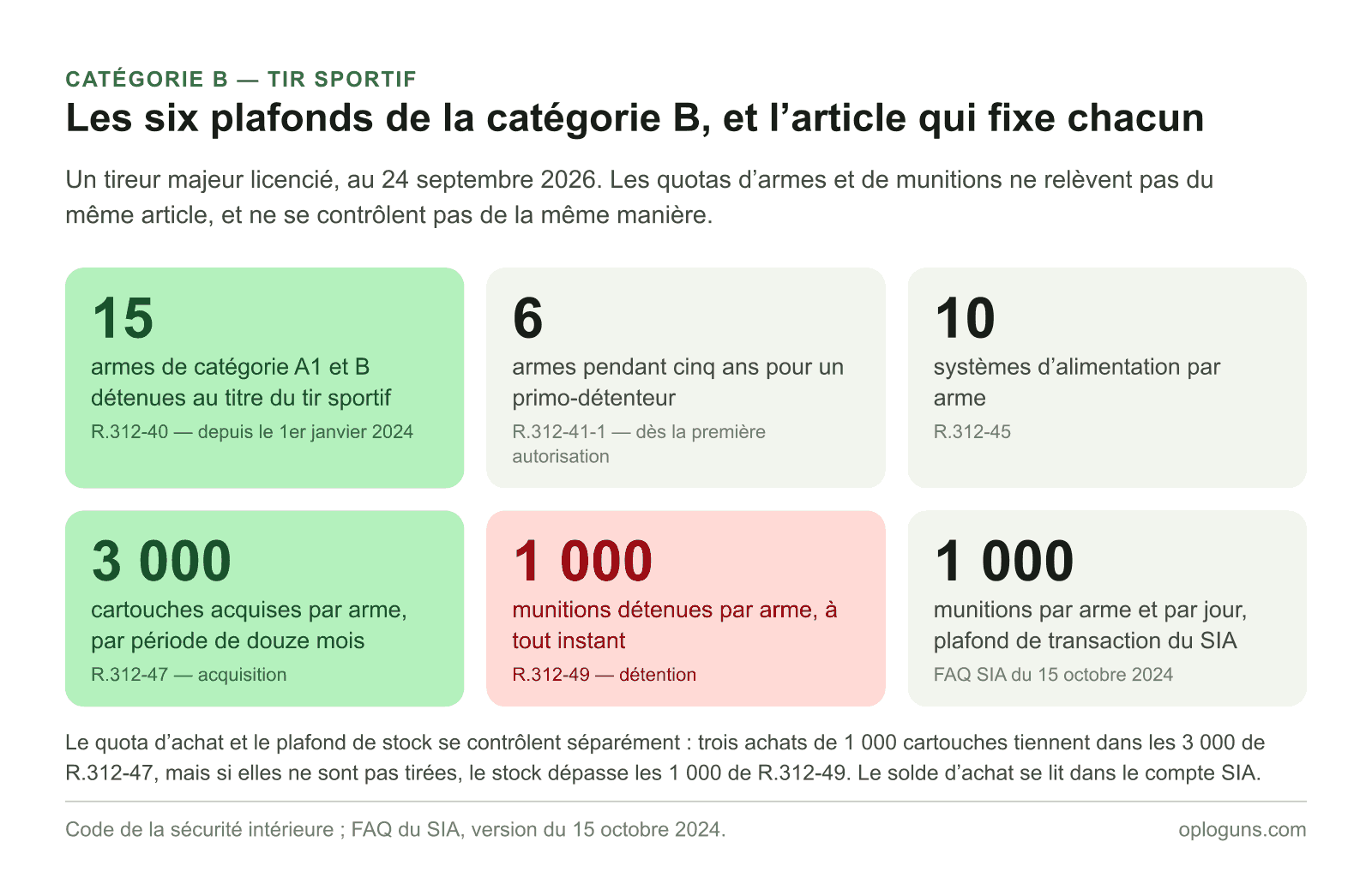 Les six plafonds de la catégorie B : 15 armes au titre du tir sportif, 6 pour un primo-détenteur pendant cinq ans, 10 systèmes d’alimentation par arme, 3 000 cartouches acquises par arme et par douze mois, 1 000 munitions détenues par arme, 1 000 par arme et par jour au SIA.