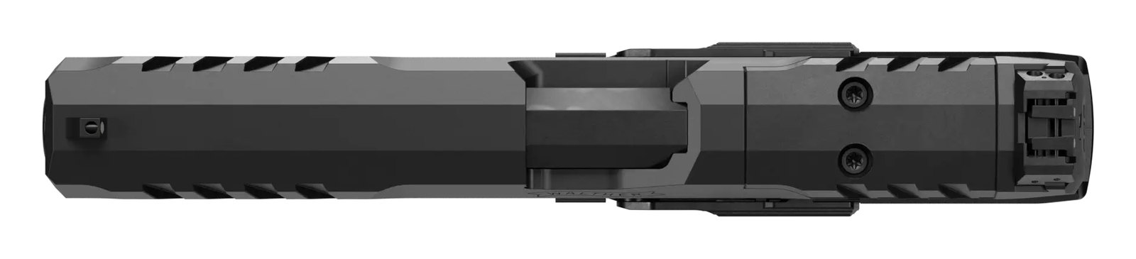 Walther PDP vu de dessus : glissière, hausse réglable et découpe pour point rouge